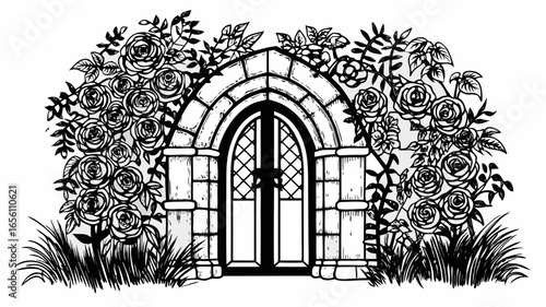 Illustration of an arched doorway surrounded by roses and grass in a black and white drawing |  editable eps vectors silhouette