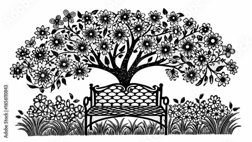 A blossoming tree providing shade over a decorative bench surrounded by flowers and grass drawing |  editable eps vectors silhouette