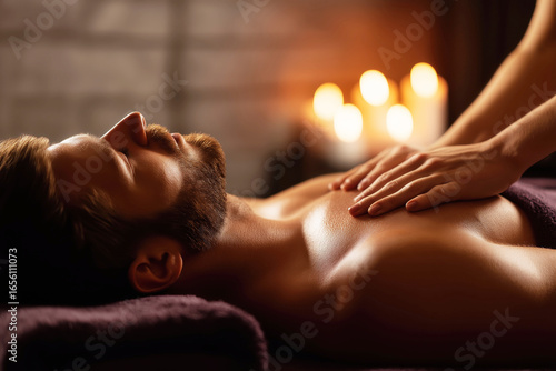 man gets a body massage at a massage salon. A male lies on a couch during relaxing massage in spa salon