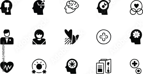 Collection of black and white vector icons representing diverse concepts related to human mind business relationships health and wellness and medical themes offering a versatile visual vocabulary
