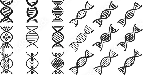 Black Line DNA Icons Set including Flat Genetics Science Molecule and Biology Symbol Collection with Minimal DNA Icon Group for UI Web Medical Research and Molecular Structure Design Projects