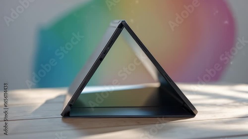 Foldable Tablet Triangle Shape Colorful Background Modern Design Indoor Light Wood Surface