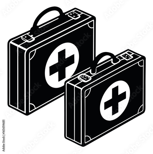 Two isometric first aid kits with white crosses