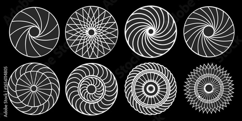 A collection of twelve circular graphic elements, set against a black background. Each element is composed of radiating, concentric, thin, white lines forming various circular and spiral patterns. Som