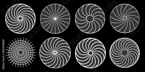 A collection of twelve circular graphic elements, set against a black background. Each element is composed of radiating, concentric, thin, white lines forming various circular and spiral patterns. Som