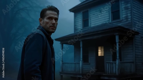 Wallpaper Mural Man standing in the fog staring at an eerie old house with one lit window, evoking suspense and mystery Torontodigital.ca