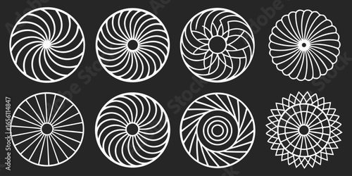 A collection of twelve circular graphic elements, set against a black background. Each element is composed of radiating, concentric, thin, white lines forming various circular and spiral patterns. Som