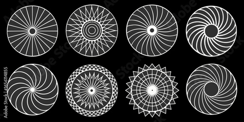 A collection of twelve circular graphic elements, set against a black background. Each element is composed of radiating, concentric, thin, white lines forming various circular and spiral patterns. Som