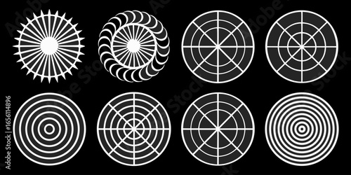 A collection of twelve circular graphic elements, set against a black background. Each element is composed of radiating, concentric, thin, white lines forming various circular and spiral patterns. Som