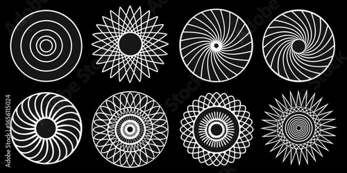 A collection of twelve circular graphic elements, set against a black background. Each element is composed of radiating, concentric, thin, white lines forming various circular and spiral patterns. Som