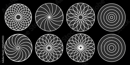 A collection of twelve circular graphic elements, set against a black background. Each element is composed of radiating, concentric, thin, white lines forming various circular and spiral patterns. Som