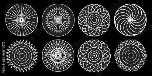 A collection of twelve circular graphic elements, set against a black background. Each element is composed of radiating, concentric, thin, white lines forming various circular and spiral patterns. Som