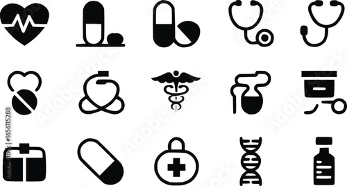 Collection of Medical Icons for Healthcare and Pharmaceutical Designs Promoting Health and Wellness Awareness and Featuring Medical Supplies and Equipment for Clinical and Laboratory Use