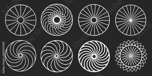 A collection of twelve circular graphic elements, set against a black background. Each element is composed of radiating, concentric, thin, white lines forming various circular and spiral patterns. Som