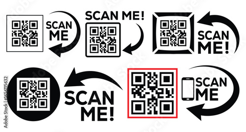 Set of black and white QR code icons with “SCAN ME!” text, arrows, and directional cues. Clean grid layout on white background. Simple, graphic, and instructional design template.