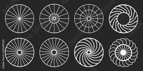 A collection of twelve circular graphic elements, set against a black background. Each element is composed of radiating, concentric, thin, white lines forming various circular and spiral patterns. Som