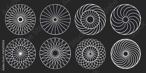 A collection of twelve circular graphic elements, set against a black background. Each element is composed of radiating, concentric, thin, white lines forming various circular and spiral patterns. Som