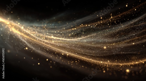 Abstract golden particles flowing on black background