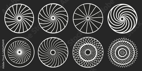 A collection of twelve circular graphic elements, set against a black background. Each element is composed of radiating, concentric, thin, white lines forming various circular and spiral patterns. Som