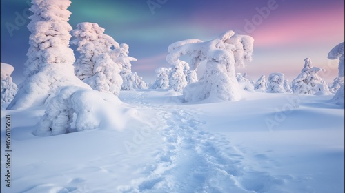 Wallpaper Mural Frozen Tundra Under Dazzling Northern Lights, Endless Snowfield with Scattered Pine Trees, Vivid Green and Purple Aurora Glow Across Arctic Sky
 Torontodigital.ca