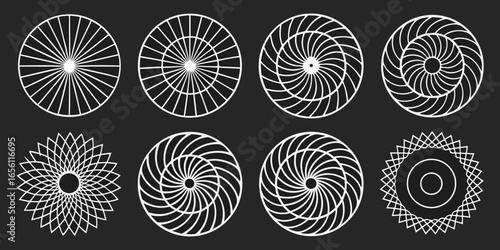 A collection of twelve circular graphic elements, set against a black background. Each element is composed of radiating, concentric, thin, white lines forming various circular and spiral patterns. Som