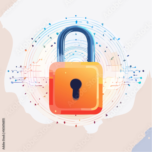Quantum encryption security vector with lock and abstract wave particles. Symbolizes next-generation data protection and advanced digital security.