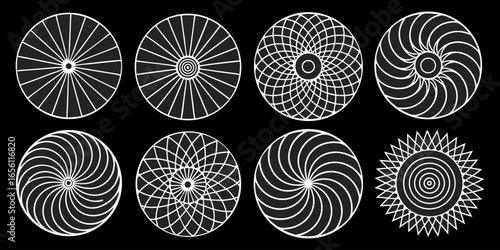A collection of twelve circular graphic elements, set against a black background. Each element is composed of radiating, concentric, thin, white lines forming various circular and spiral patterns. Som