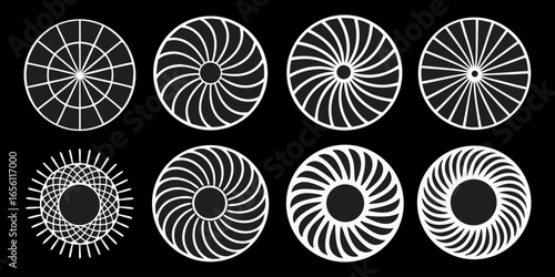 A collection of twelve circular graphic elements, set against a black background. Each element is composed of radiating, concentric, thin, white lines forming various circular and spiral patterns. Som