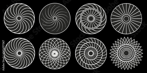 A collection of twelve circular graphic elements, set against a black background. Each element is composed of radiating, concentric, thin, white lines forming various circular and spiral patterns. Som