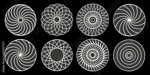 A collection of twelve circular graphic elements, set against a black background. Each element is composed of radiating, concentric, thin, white lines forming various circular and spiral patterns. Som