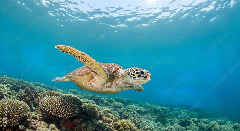 Fototapeta premium Sea Turtle Over Coral Reef