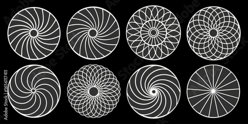 A collection of twelve circular graphic elements, set against a black background. Each element is composed of radiating, concentric, thin, white lines forming various circular and spiral patterns. Som
