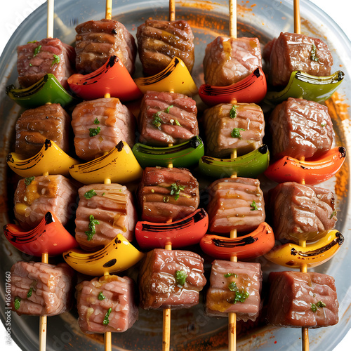Grilled beef kebab skewers with bell peppers isolated on transparent background, a delicious dish
