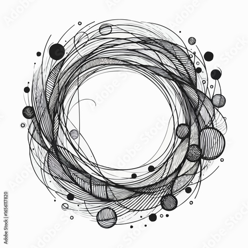Artistic circular frame with abstract lines and dots on white background
