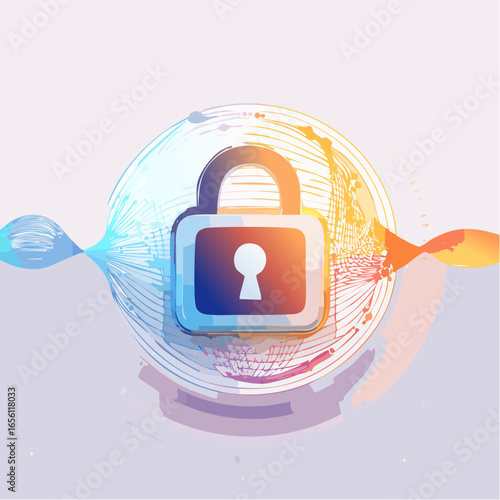 Quantum encryption security vector with lock and abstract wave particles. Symbolizes next-generation data protection and advanced digital security.