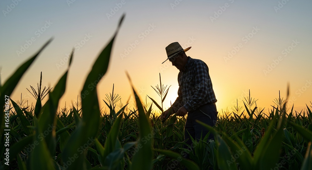 Fototapeta premium A farmer in a field of corn at sunset wearing a hat and checking crops