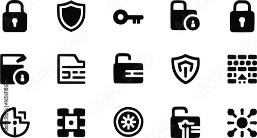 Collection of security and protection icons representing network data safety privacy and various digital safeguards ensuring confidentiality and data integrity