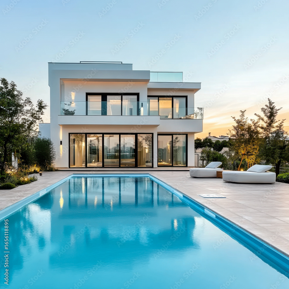 Fototapeta premium Modern and minimalist house with garden swimming pool