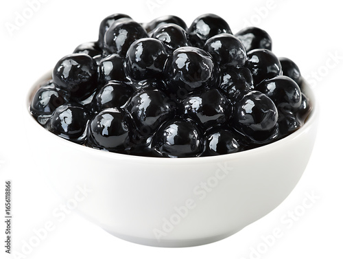 Close up of glossy black tapioca pearls in a white bowl isolated on transparent background
