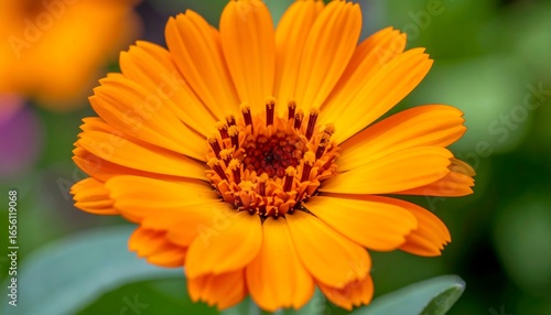 A vibrant, close-up image of a bright orange marigold flower, showcasing intricate details of the petals and center.