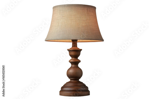 Vintage wooden table lamp with textured lampshade isolated on transparent background. Elegant vintage table lamp with Shade isolated on white background.