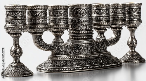 Ornate Silver Menorah with Intricate Carvings and Multiple Candle Holders