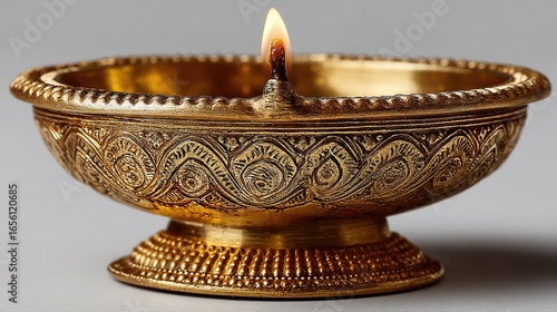 Brass Diya with Intricate Engravings and Burning Wick, Ideal for Festive Decor and Spiritual Ambiance