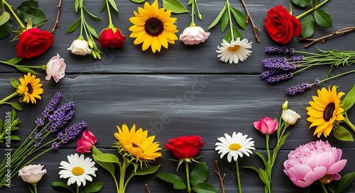 Spring flowers on wooden background with daisies and colorful petals