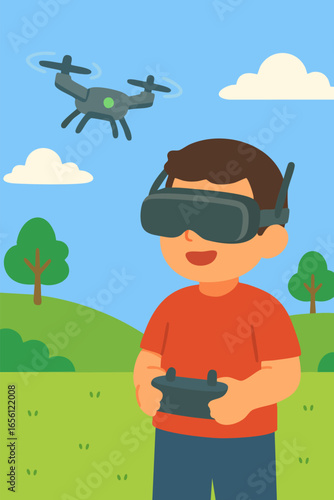 Drone Pilot Wearing FPV Goggles Flying FPV Drone in Outdoor Field