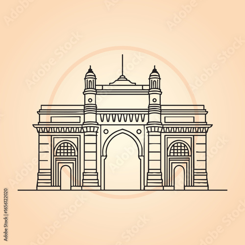 Black and white drawing of iconic gateway of india with boats and cityscape – stock vector icon in line style