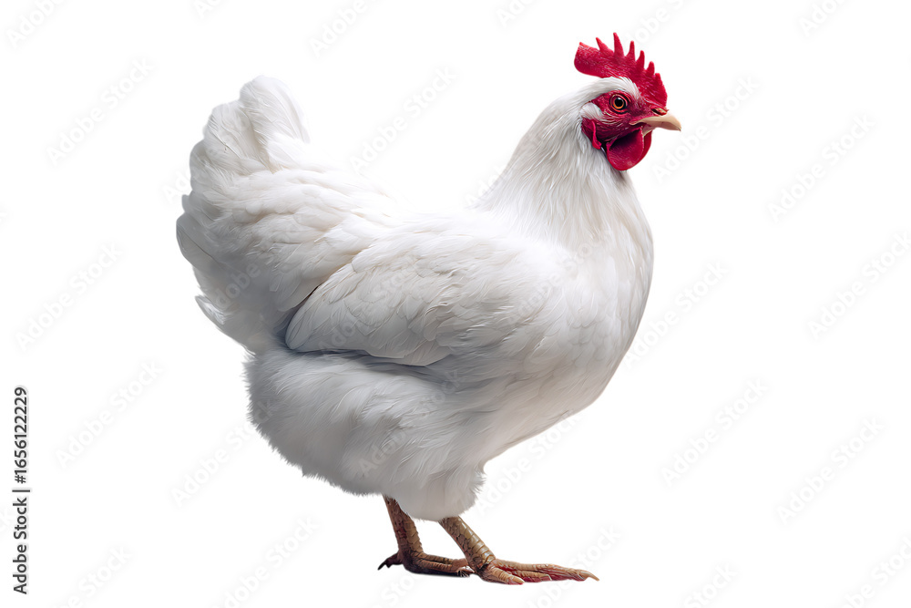 Fototapeta premium White hen, elegant pose, pure white feathers.