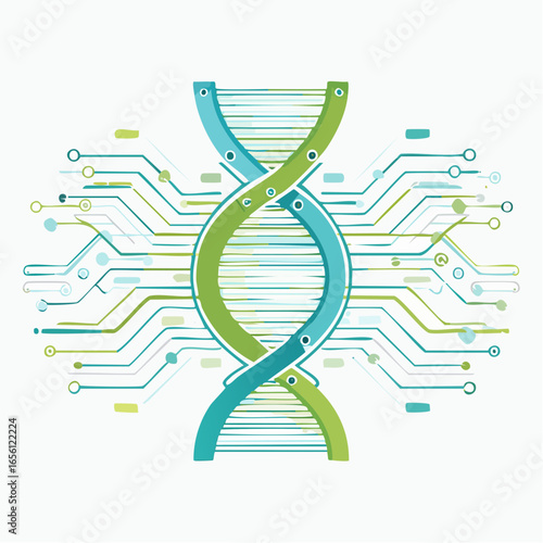 Biotechnology vector illustration merging DNA helix and electronic circuits. Represents medical technology, bioengineering, and innovation.