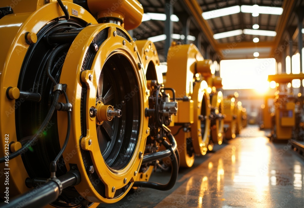 Fototapeta premium Heavy industrial machinery with large yellow components in a factory setting during sunset