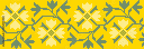 Vector illustration of Ukrainian floral ornament in ethnic style, identity, vyshyvanka, embroidery for print clothes, websites, banners. Background. Geometric design, border, copy space, frame